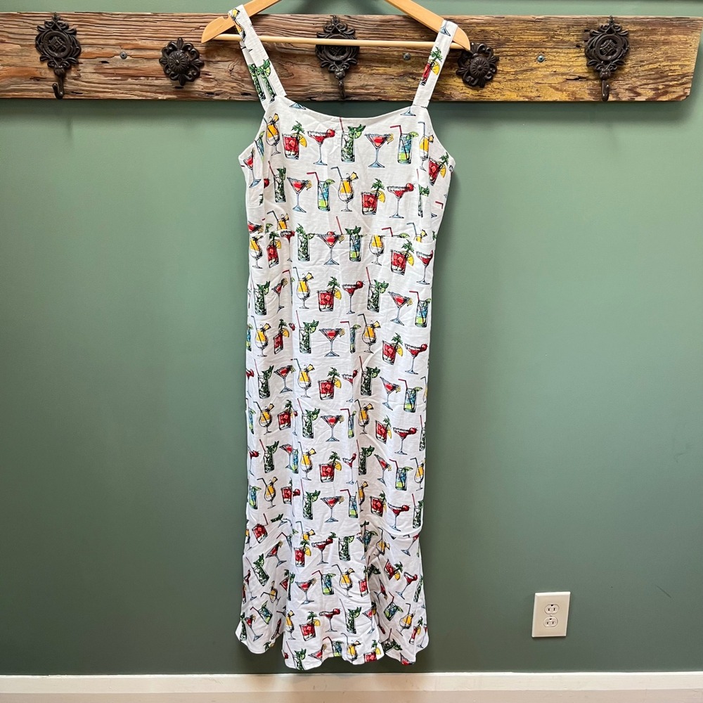 Jane + Delancey Cocktail Print Rayon Linen Midi Dress White Size M Pockets